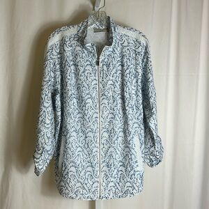Chico’s Women’s Size 12/14 Front Zip Lightweight Blue White Jacket Shirt Top